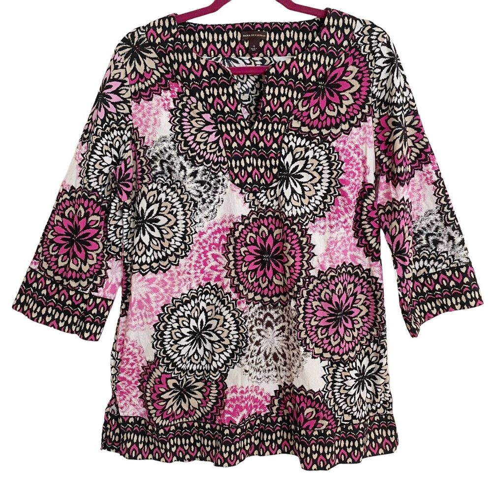 Dana Buchman Sz L Womens Tunic Kaftan Coverup Pink Black Mandala Floral Boho
